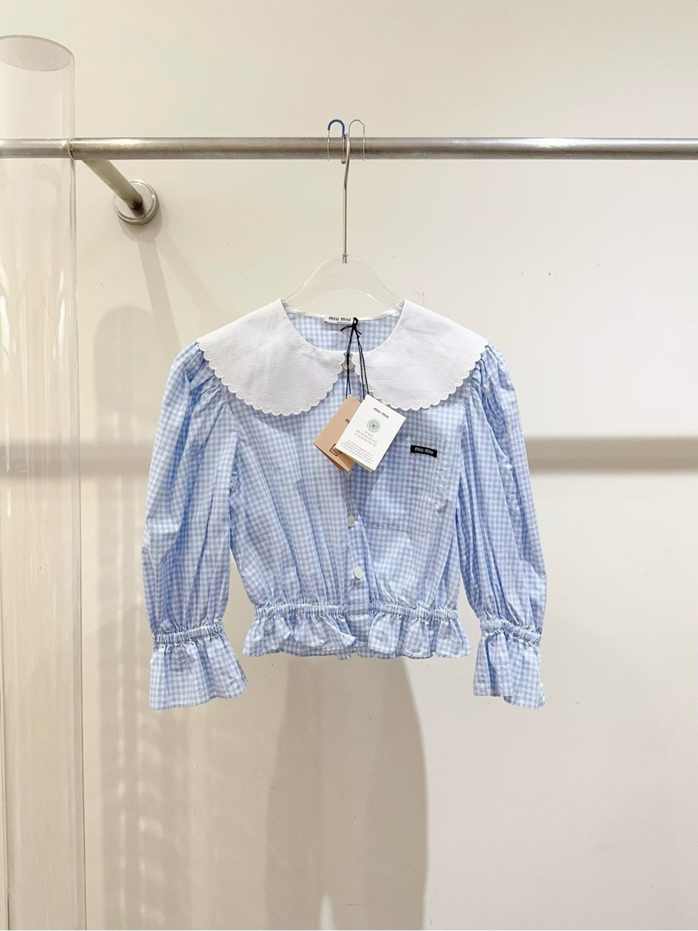 Miu Miu Light Blue Gingham Blouse with Scalloped White Peter Pan Collar